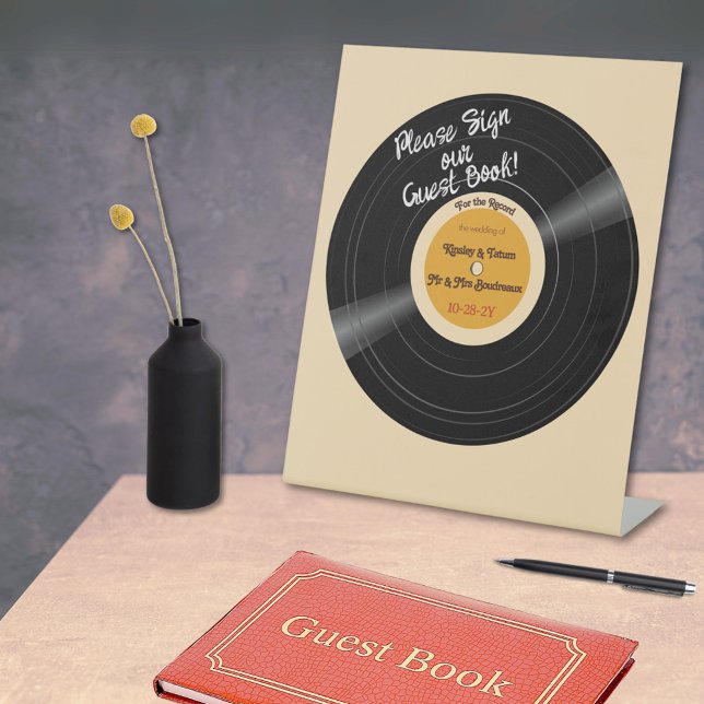 For the Record Vinyl Groovy Browns Guest Book Pedestal Sign (Vinyl record guest book sign in cream, orange, and brown)