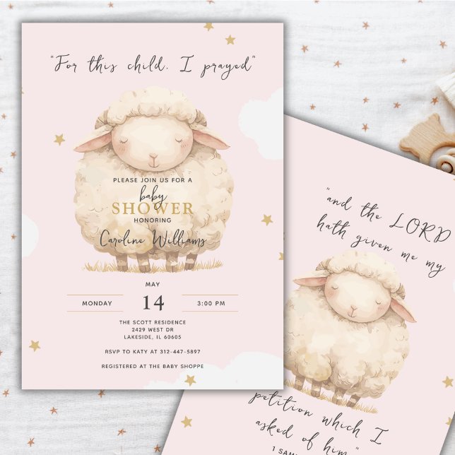 For This Child I Prayed Religious Pink Lamb Girl Invitation (Creator Uploaded)