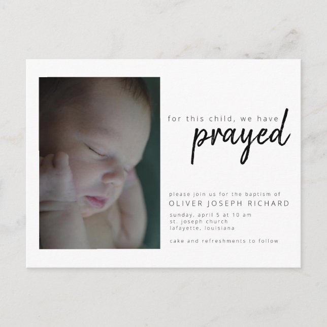 For This Child We Have Prayed Baptism Invitation P Postcard (Front)