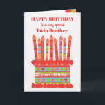 For Twin Brother Custom Age Birthday Cake Card<br><div class="desc">You can add the age to this brightly colored birthday card for your twin brother, with a strawberry birthday cake. The cake has lots of candles with different patterns and there is a patterned band around the cake with colorful summer fruits - strawberries, raspberries, limes and orange slices. Above the...</div>