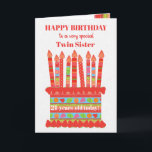 For Twin Sister Custom Age Birthday Cake Card<br><div class="desc">You can add the age to this brightly colored birthday card for your twin sister, with a strawberry birthday cake. The cake has lots of candles with different patterns and there is a patterned band around the cake with colorful summer fruits - strawberries, raspberries, limes and orange slices. Above the...</div>