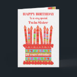 For Twin Sister Custom Age Birthday Cake Card<br><div class="desc">You can add the age to this brightly colored birthday card for your twin sister, with a strawberry birthday cake. The cake has lots of candles with different patterns and there is a patterned band around the cake with colorful summer fruits - strawberries, raspberries, limes and orange slices. Above the...</div>