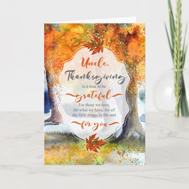for Uncle Thanksgiving Autumn Watercolor Grateful Holiday Card (Front)