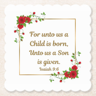 “For unto us a Child is born" Square Scalloped  Paper Coaster