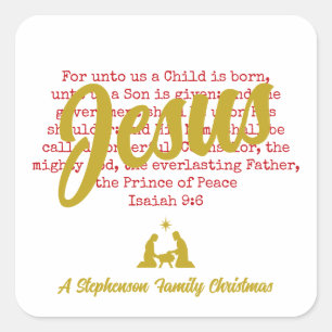 FOR UNTO US JESUS White Gold Christmas Square Sticker