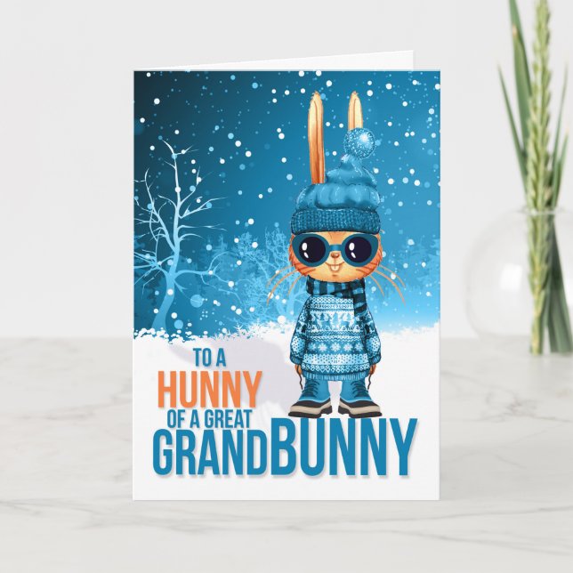 for Young Great Grandson Cute Blue Christmas Bunny Holiday Card (Front)