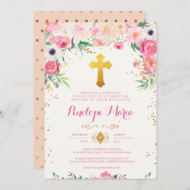 Foral and Gold Cross Baptism Invitation (Front/Back)
