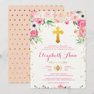 Foral and Gold Cross Communion Invitation
