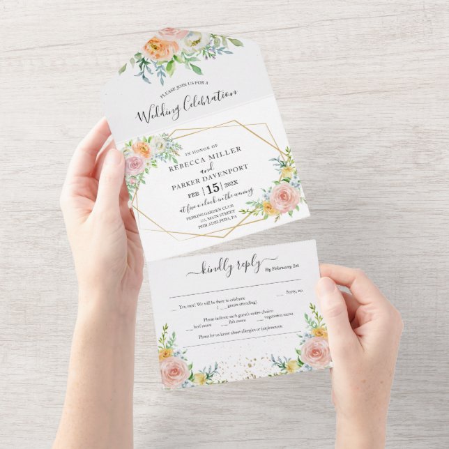 Foral blush pink Wedding invitation all in one (Tearaway)