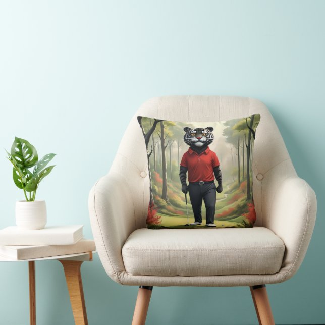 "Fore! A Black Tiger Playing Golf in the Woods" Cushion (Chair)