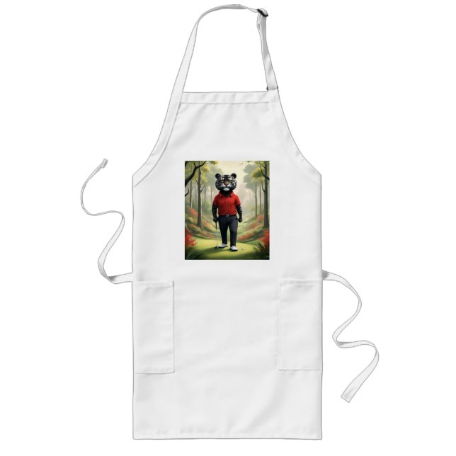 "Fore! A Black Tiger Playing Golf in the Woods" Long Apron (Front)