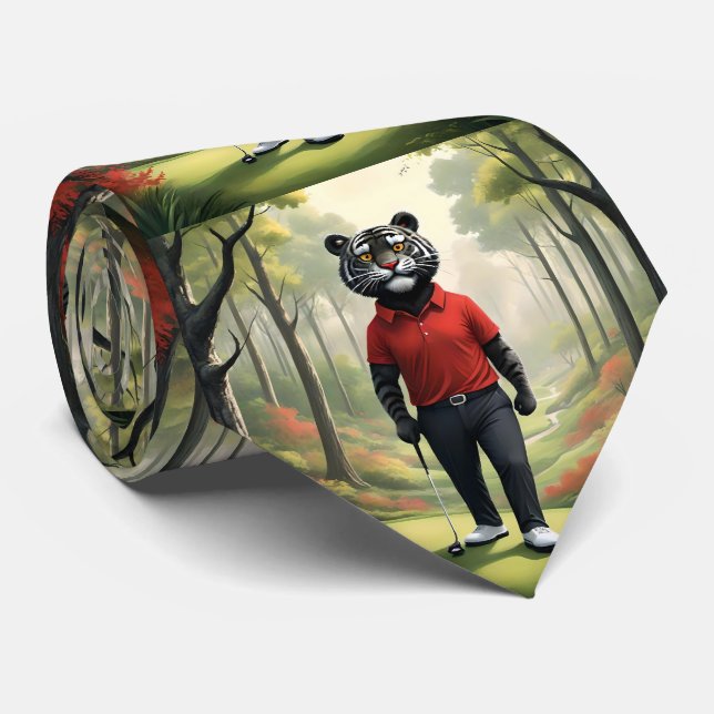 "Fore! A Black Tiger Playing Golf in the Woods" Tie (Rolled)