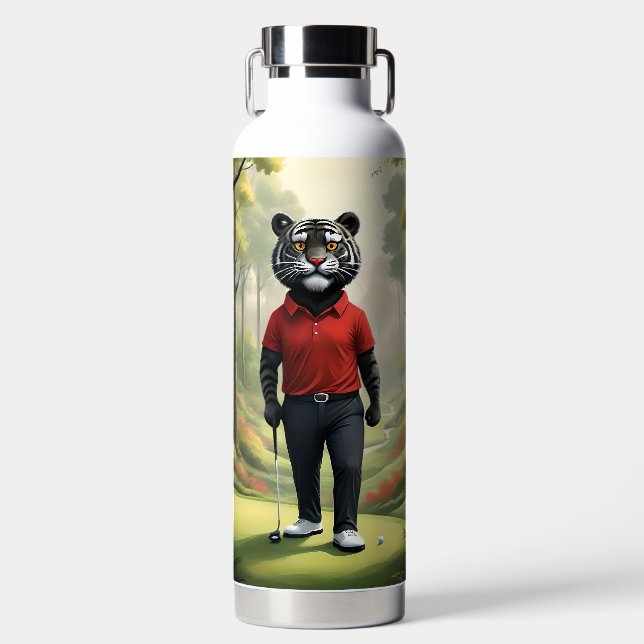"Fore! A Black Tiger Playing Golf in the Woods" Water Bottle (Front)