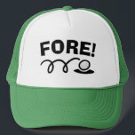 Fore! Funny trucker hat gift for golfers<br><div class="desc">Fore! Funny trucker hat gift for golfers. Personalised green sports cap for golfing coach, player and fan. Sporty cap for men and women. Whimsical golf ball and cool typography design. Add your own custom text, humourous quote or saying. Make your own for golfer mum, dad, father, mother, uncle, husband, wife,...</div>