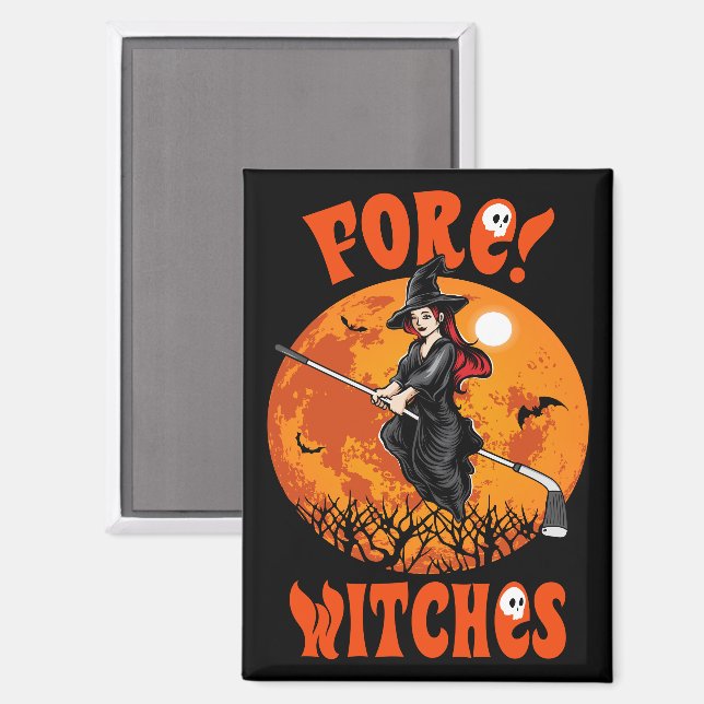 Fore! Witches Golf Stick Witch Riding Halloween Magnet (Front/Back)