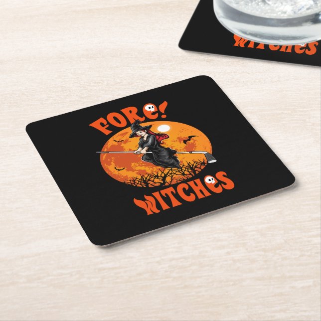 Fore! Witches Golf Stick Witch Riding Halloween Square Paper Coaster (Angled)