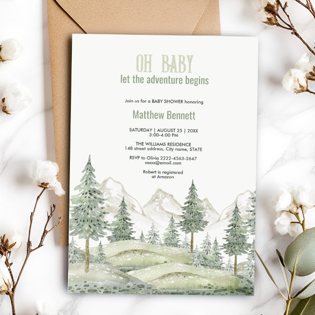 Forest adventure begins baby shower invitation  (Charming sage green watercolor forest baby shower invitation)