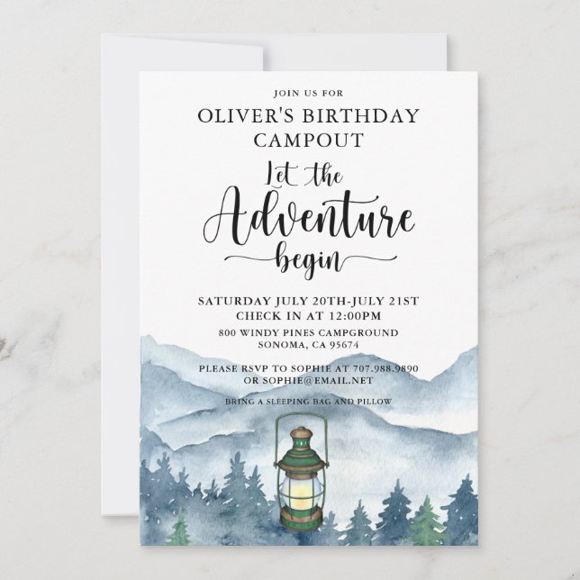 Forest Adventure Begins Camping Birthday Invitation (Front)