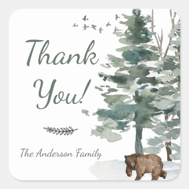 Forest Adventure Boy Bear Baby Shower Thank You Square Sticker (Front)