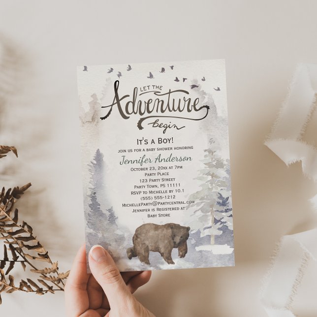Forest Adventure Boy Watercolor Bear Baby Shower Invitation (Creator Uploaded)