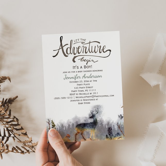 Forest Adventure Boy Watercolor Deer Baby Shower Invitation (Creator Uploaded)