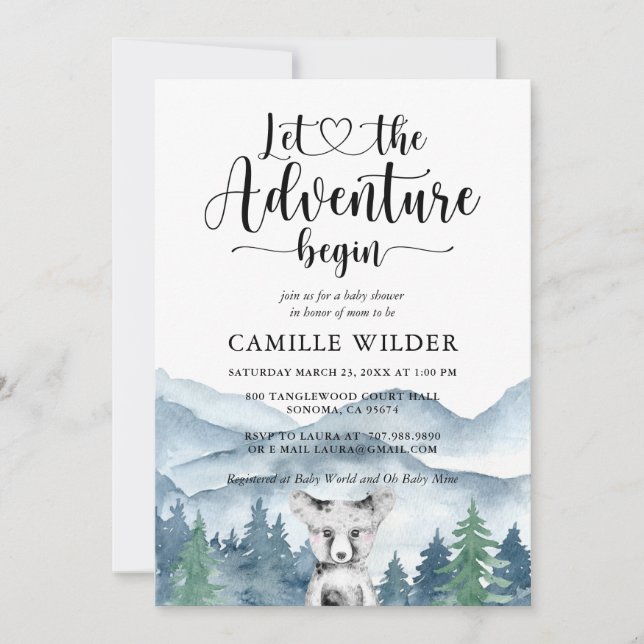 Forest Adventure Mountains Bear Cub Baby Shower Invitation (Front)