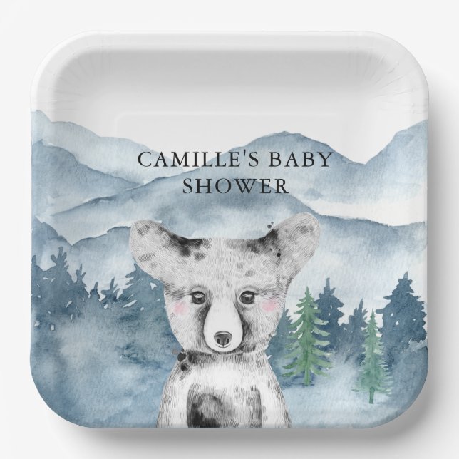 Forest Adventure Watercolor Mountains Baby Shower Paper Plate (Front)