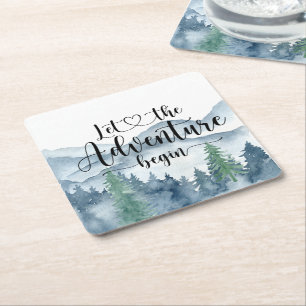 Forest Adventure Watercolor Mountains Baby Shower Square Paper Coaster