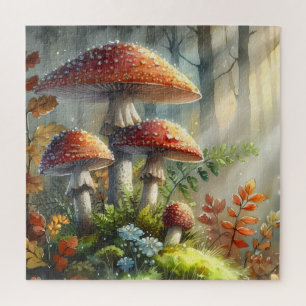 Forest Amanita Mushrooms Morning Light Foliage Jigsaw Puzzle