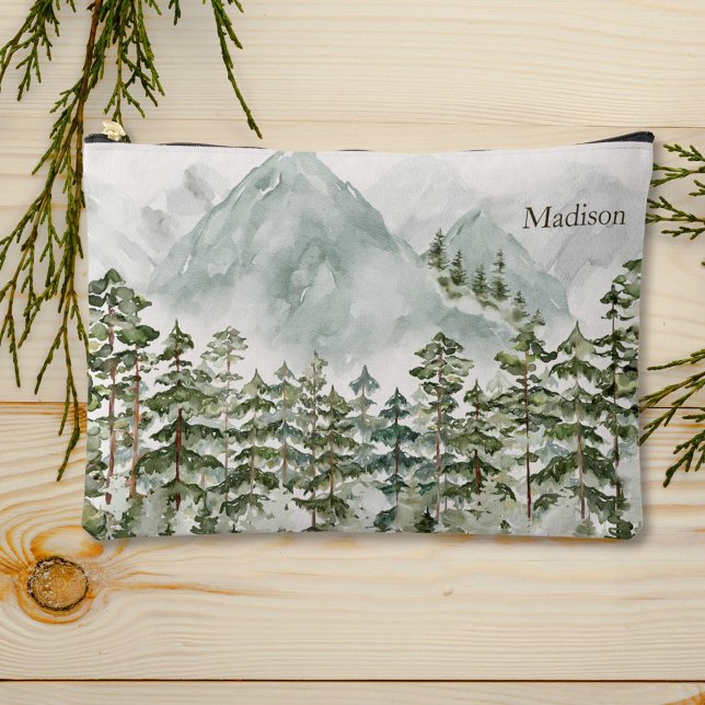 Forest and Mountain Nature Watercolor Accessory Pouch (In situ, on table)