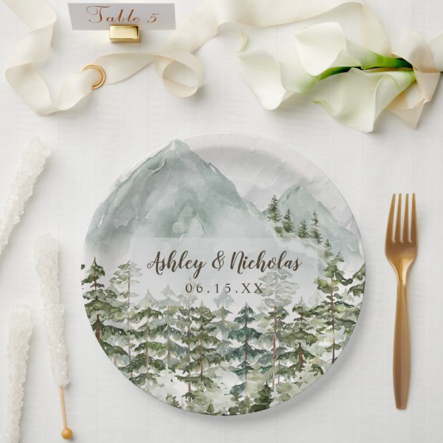Forest and Mountain Nature Watercolor Paper Plate (Wedding)