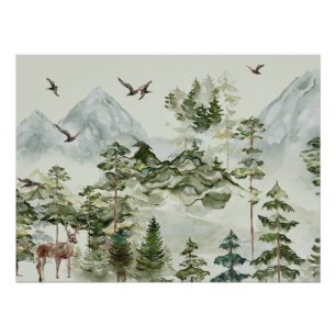 Forest and Mountains Watercolor Landscape Poster