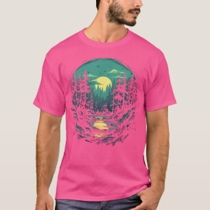 Forest And Nature Pine Tree Mountain Moon Teal T-Shirt