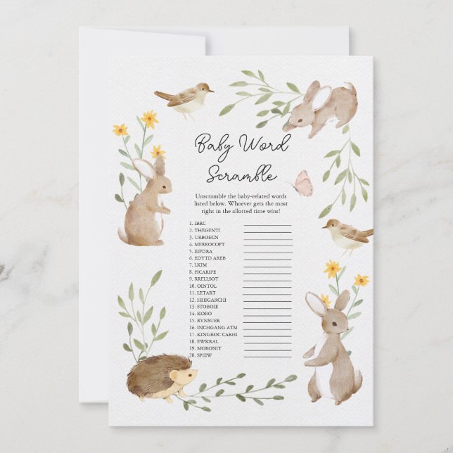 Forest Animal Baby Shower Word Scramble Game Card  (Front)