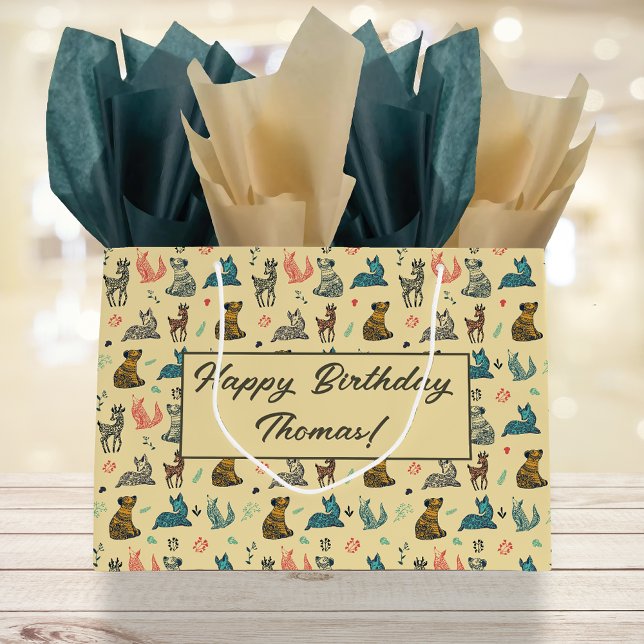 Forest Animal Doodle Pattern | Yellow Large Gift Bag (Creator Uploaded)