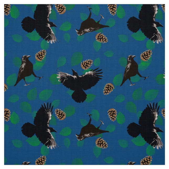 Forest Animal Leaf Crow Pattern Black Bird On Blue Fabric (Swatch)