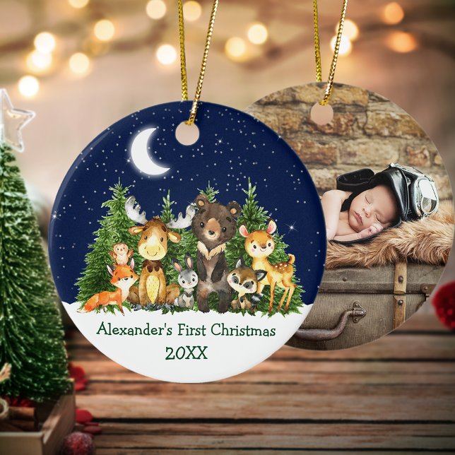 Forest Animals Baby First Christmas  - PHOTO BACK Ceramic Tree Decoration (Customize with name, year and photo on back.)