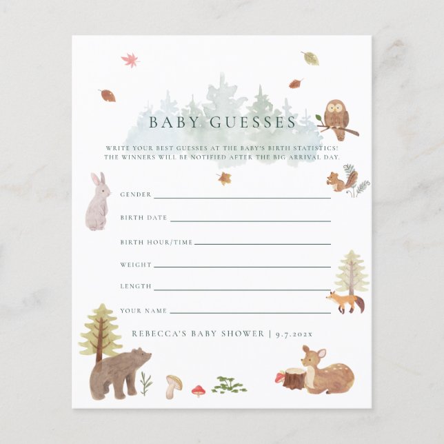 Forest Animals Baby Shower Guessing Game Card (Front)