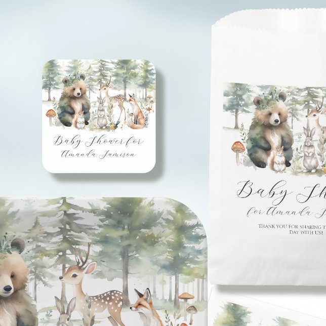 Forest Animals Bear Deer Mushroom Cute Baby Shower Square Sticker (Creator Uploaded)