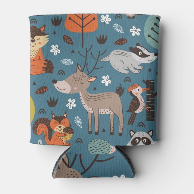 Forest animals, blue, Scandinavian style Can Cooler (Front)
