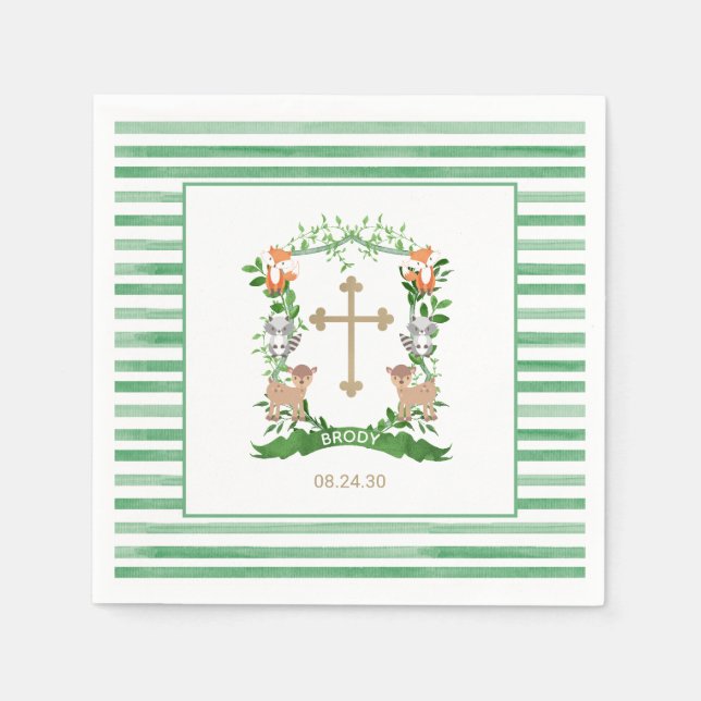 Forest Animals Crest Boy Baptism Napkins (Front)