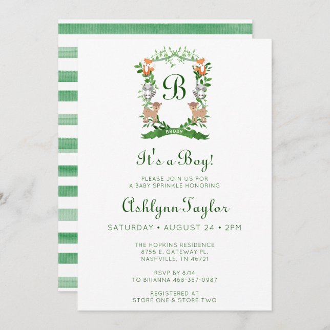 Forest Animals Crest It's A Boy Baby Sprinkle Invitation (Front/Back)