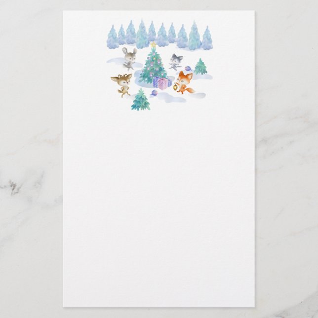 Forest Animals Dancing Around Christmas Tree Stationery (Front)