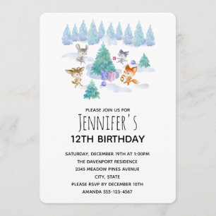Forest Animals Dancing Around Fir Tree Birthday Invitation
