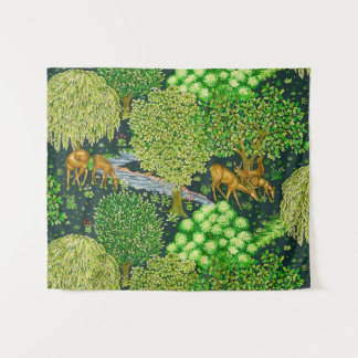 FOREST ANIMALS, DEERS BY A BROOK Blue Green Floral Tapestry