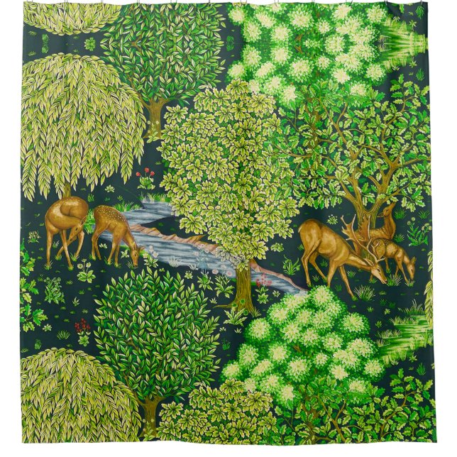 FOREST ANIMALS,DEERS BY A BROOK Green Blue Floral  Shower Curtain (Front)
