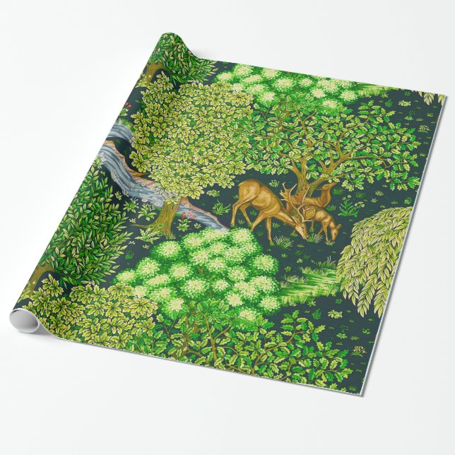 FOREST ANIMALS,DEERS BY A BROOK Green Floral Wrapping Paper (Unrolled)