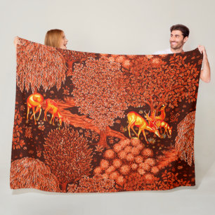 FOREST ANIMALS, DEERS BY A BROOK Red Yellow Floral Fleece Blanket