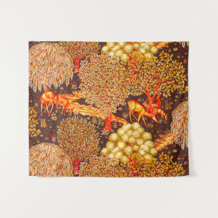 FOREST ANIMALS, DEERS BY A BROOK Red Yellow Floral Tapestry