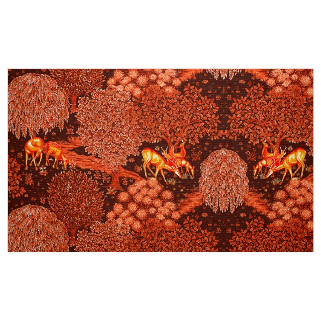 FOREST ANIMALS, DEERS BY A BROOK Yellow Red Floral Fabric (Fat Quarter)